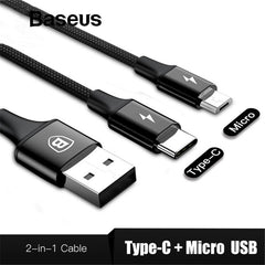 Baseus 2in1 Micro USB Type C Cable For Samsung Galaxy S9 S8 Plus Note8 For Oneplus 6 For Xiaomi Mi 6 A1 Type-C Charging Cable
